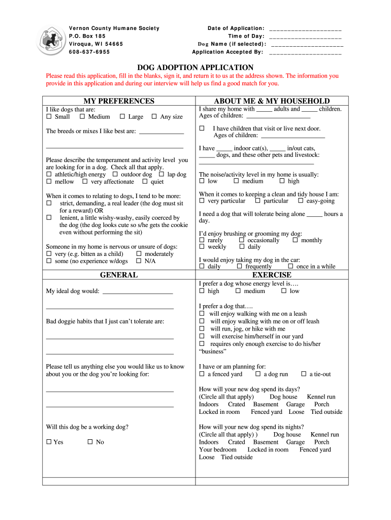 Blank Pet Adoption Agreement  Form