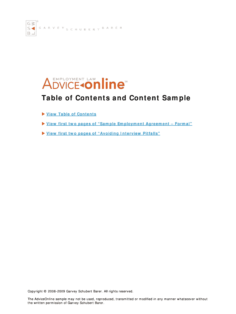 Garvey Schubert Barer AdviceOnline Table of Contents and Content  Form