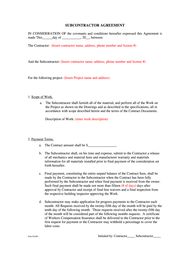 Subcontractor Agreement  Form