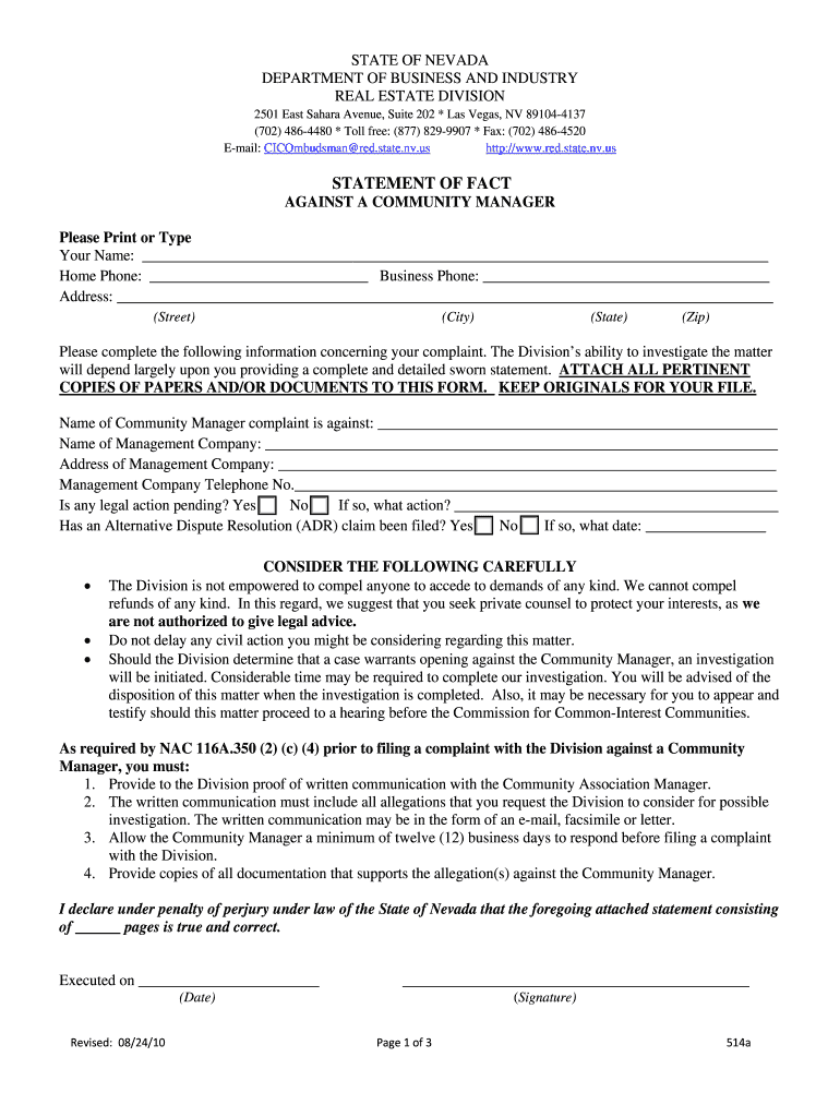  Nv Dmv Forms Statement of Facts 2010-2024