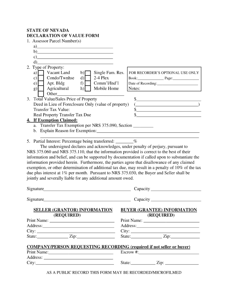 Nevada Declaration of Value Form