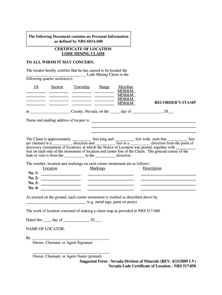  Nv Division of Mineralsaffidavit of Annual Assessment Work Form 2009