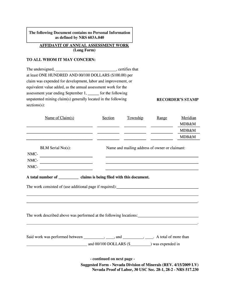 Nv Division of Mineralsaffidavit of Annual Assessment Work Form