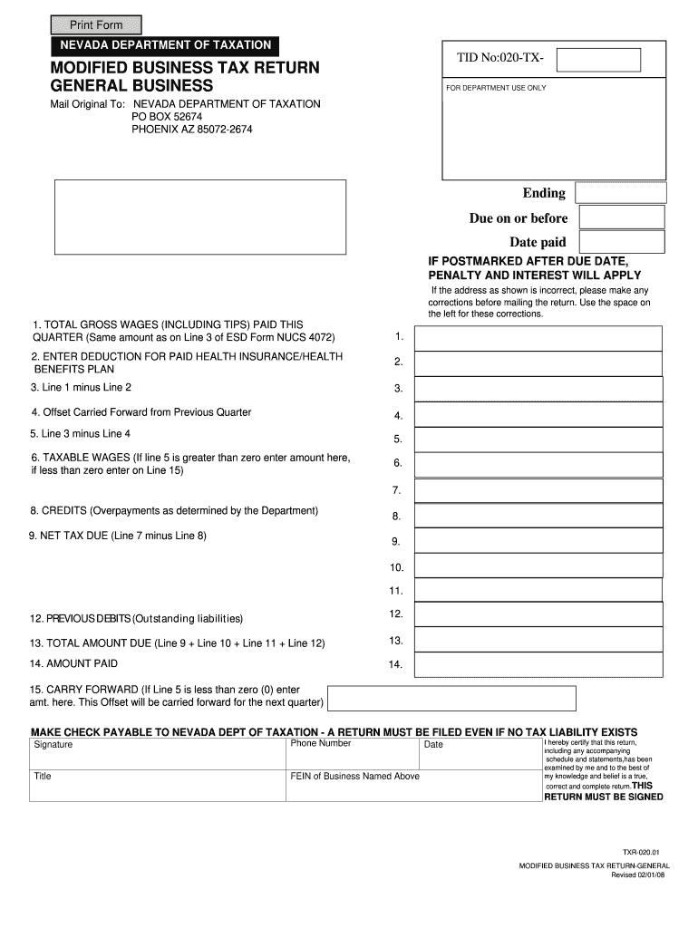  Nevada Modified Business Tax Form 2016