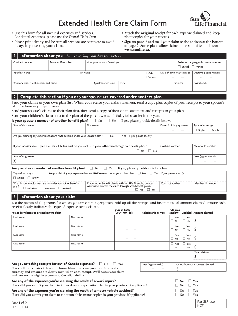 Sun Life Extended Health Care Claim Form Fillable