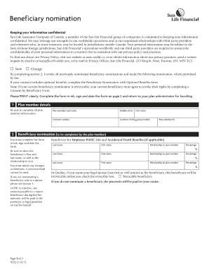 Sunlife Beneficiary Nomination Form