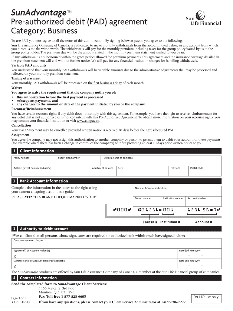 SunAdvantage Pre Authorized Debit PAD Agreement Category Business  Form