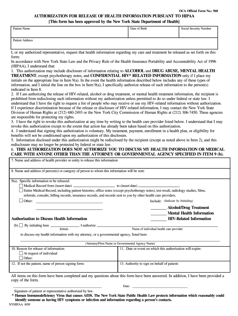  HIPAA Release Form Ny 2009-2024