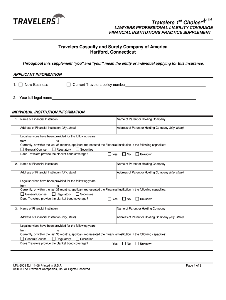 LAWYERS PROFESSIONAL LIABILITY COVERAGE FINANCIAL INSTITUTIONS PRACTICE SUPPLEMENT  Form
