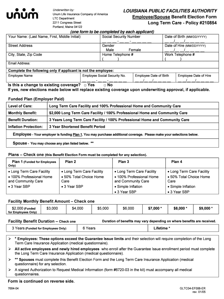 LOUISIANA PUBLIC FACILITIES AUTHORITY Employee    Unum  Form