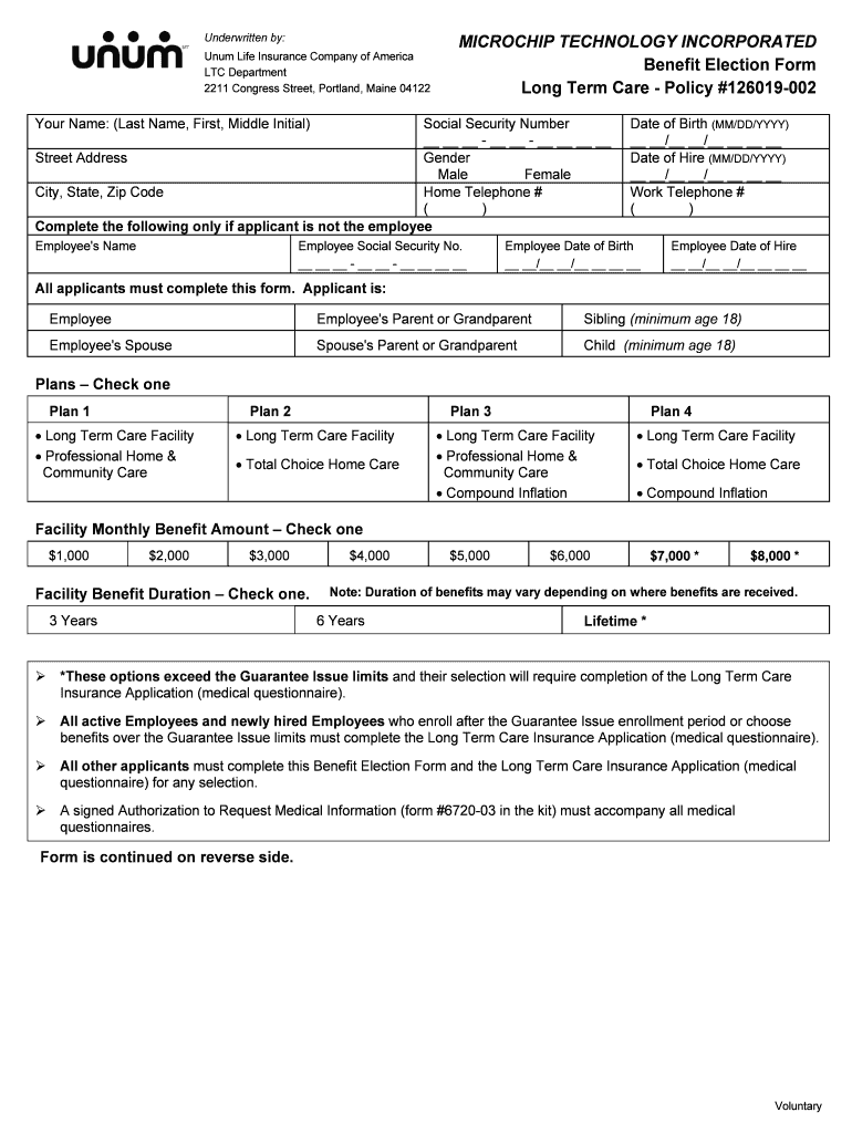 MICROCHIP TECHNOLOGY INCORPORATED Benefit Election Form Long Term