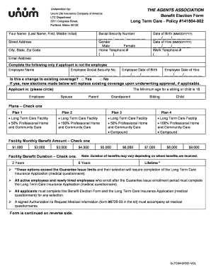 The AGENTS ASSOCIATION Benefit Election Form Long Unum