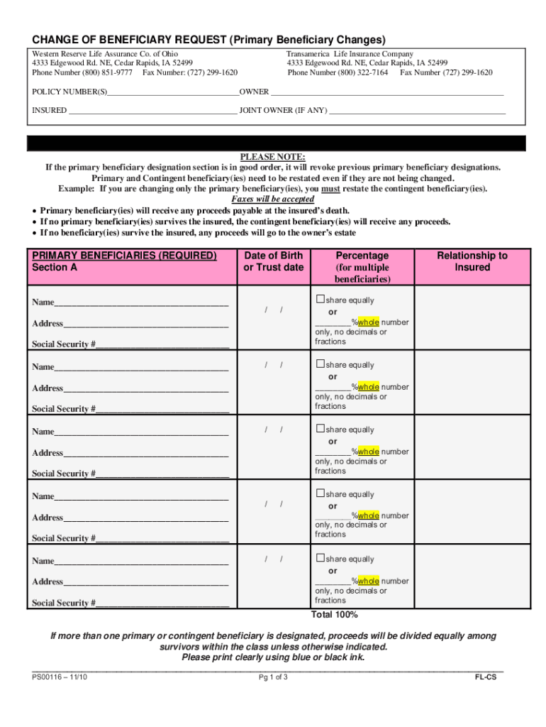  Western Reserve Life Insurance Change of Beneficiary Form 2010-2024