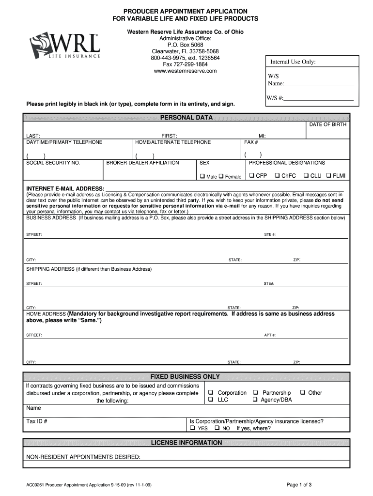  Western Reserve Producrr Appointment Form 2009-2024