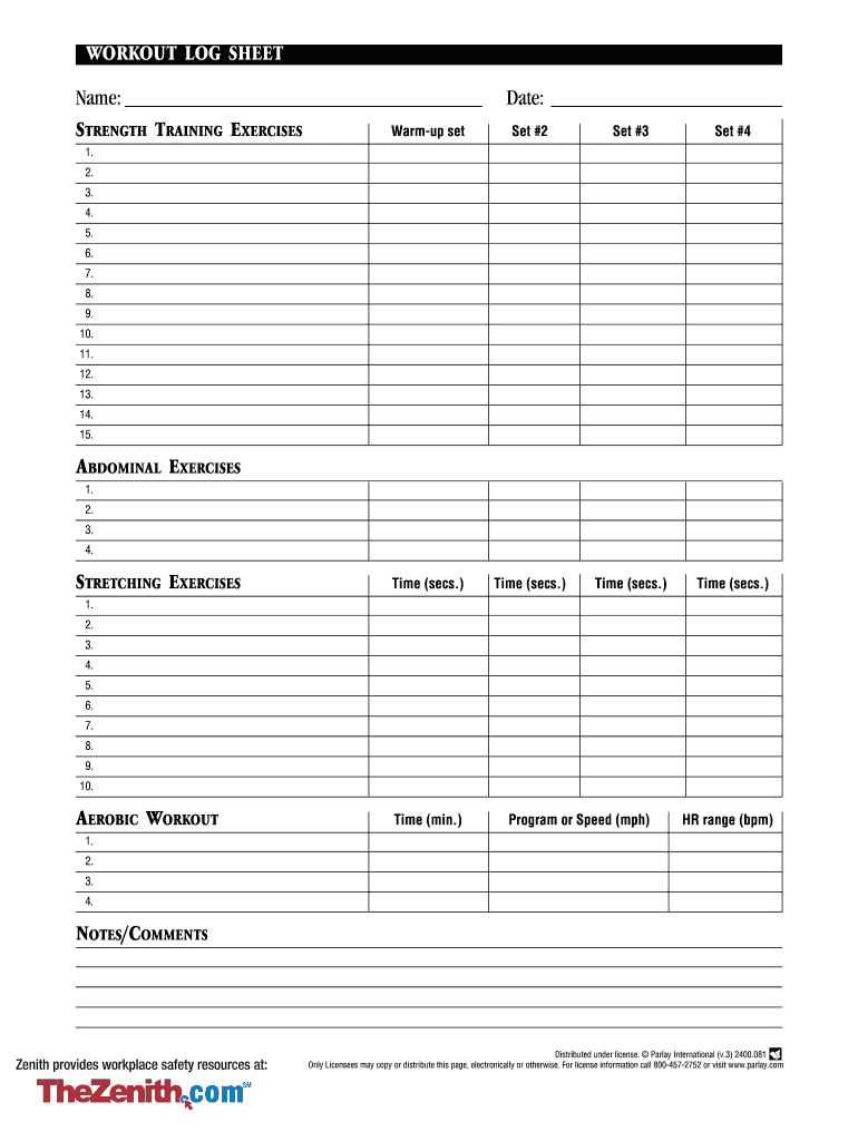 Fillable Workout Log  Form