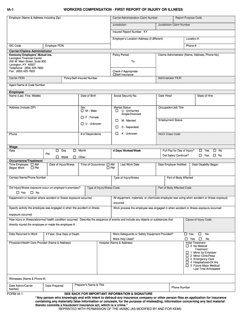 Kentucky First Report of Injury  Form