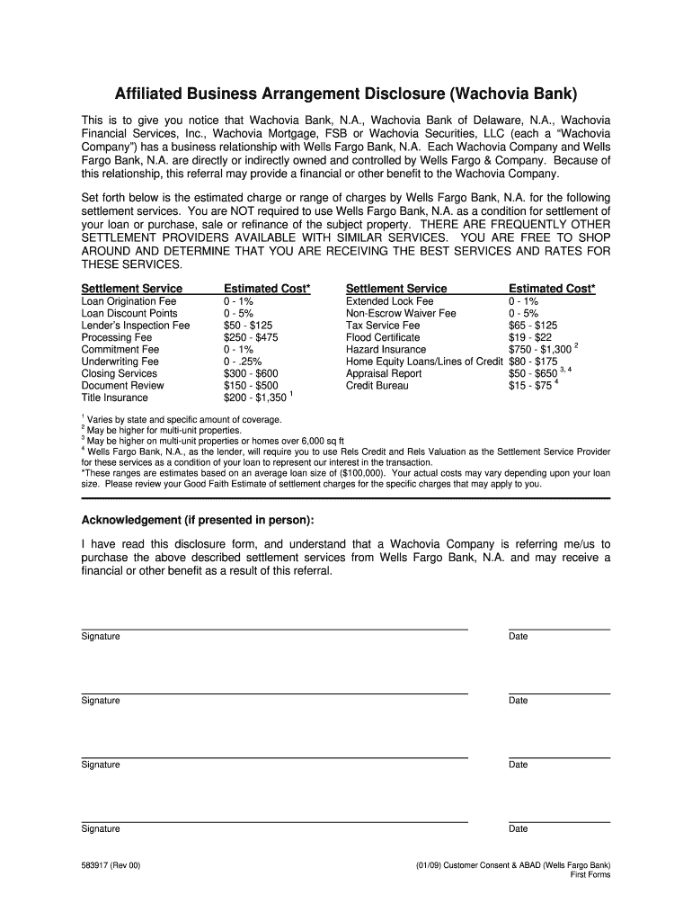  Affiliated Business Arrangement Disclosure Wells Fargo Form 2009-2024