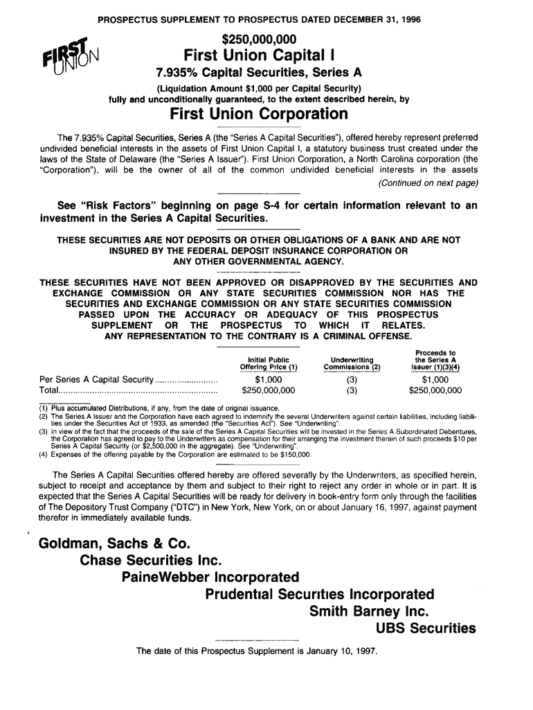 First Union Capital I First Union Corporation Wells Fargo  Form