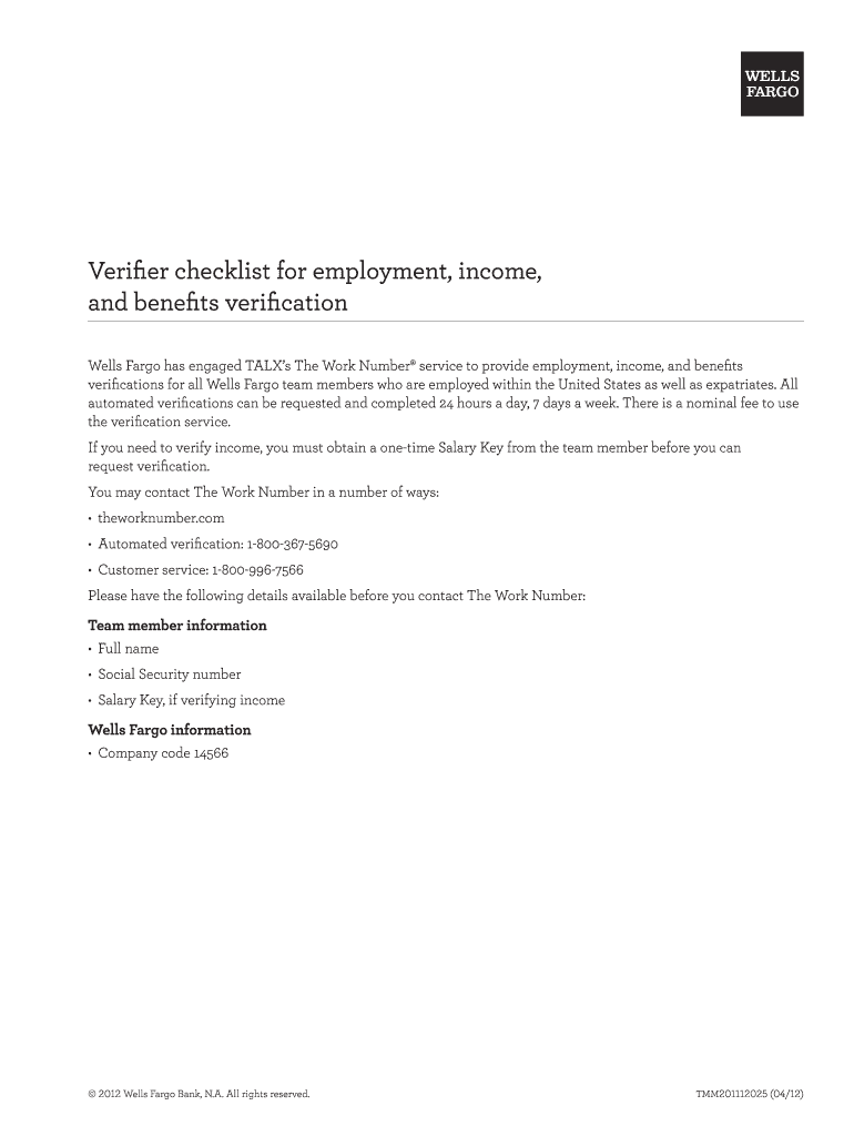 Wells Fargo Check Verification  Form