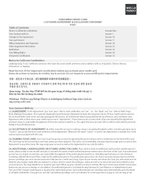 Wells Fargo Bank Consumer Credit Card Customer Agreement &amp; Disclosure Statement Form