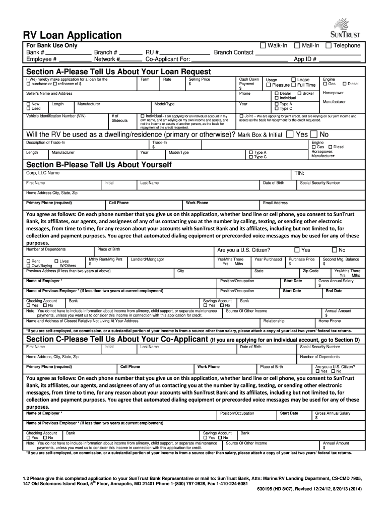  Rv Loan Application Forms 2014