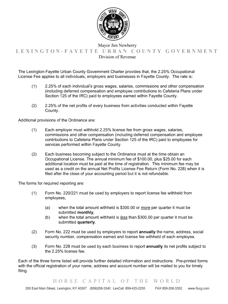  Lexington Fayette Urban County Net Profits License Fee Return Fillable  Form 2008