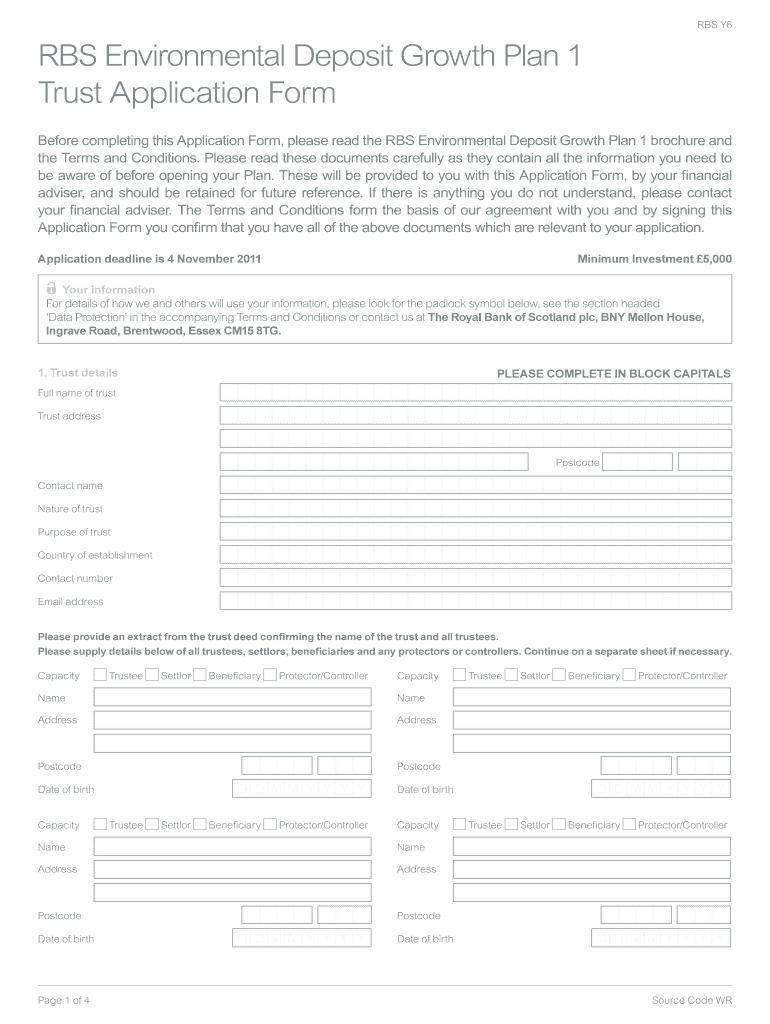 RBS Environmental Deposit Growth Plan 1 Trust Application Form