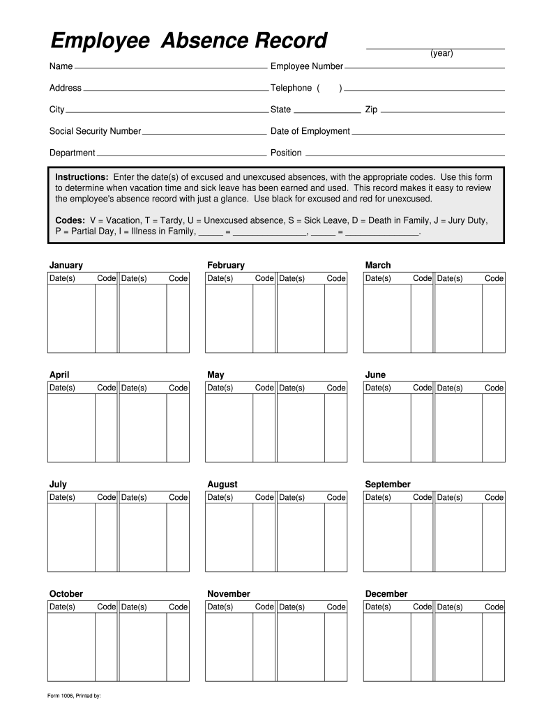 Printable Absence Form For Employees Printable Forms Free Online