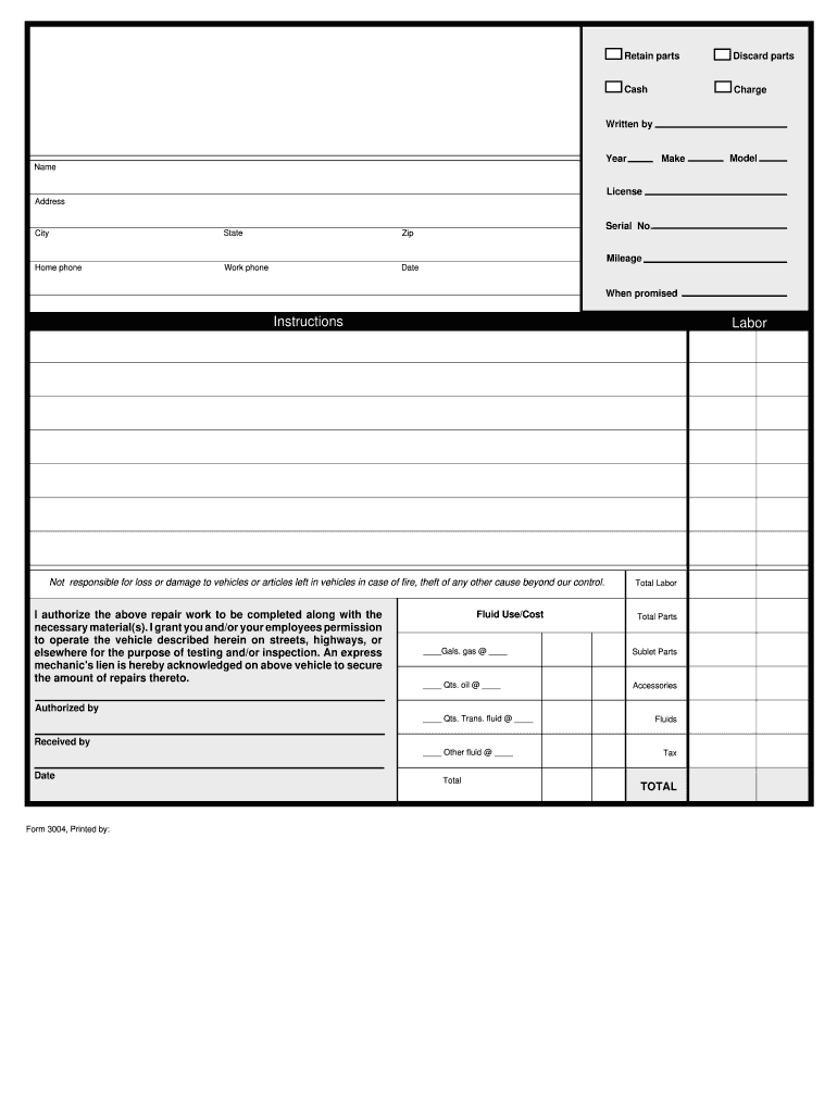 Editable Auto Repair Templates  Form