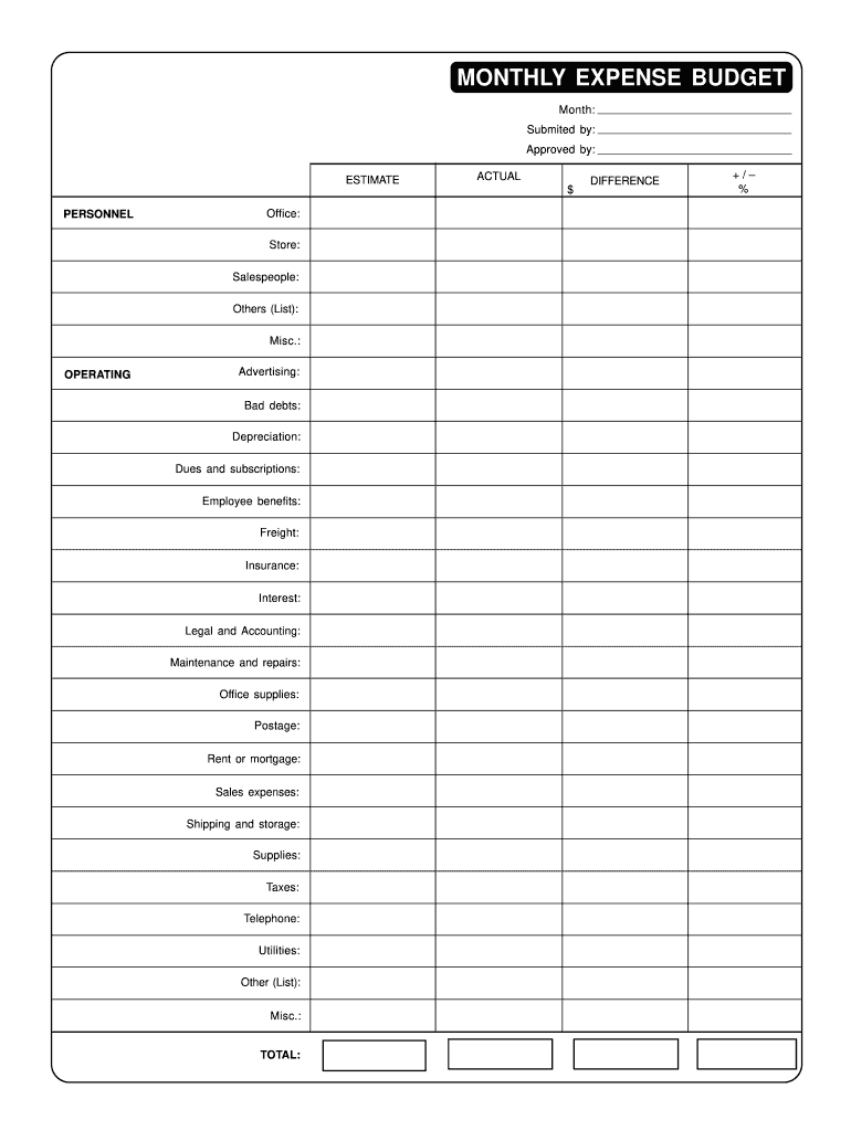 Forms Monthly Expense Printable