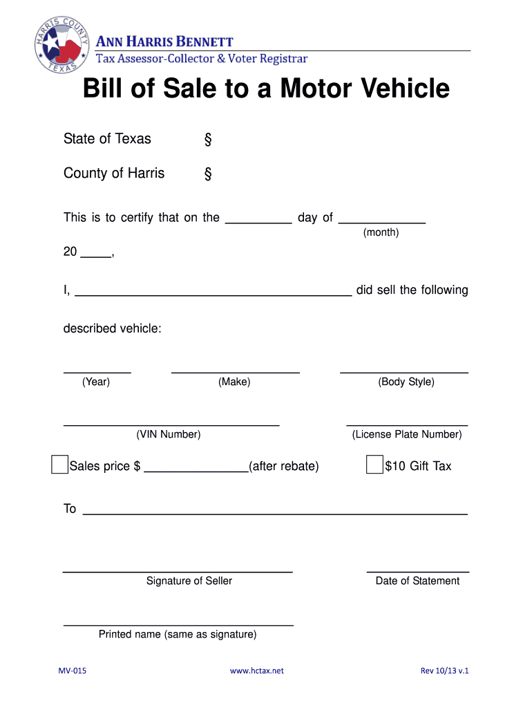  State of Texas Bill of Sale Form 2013