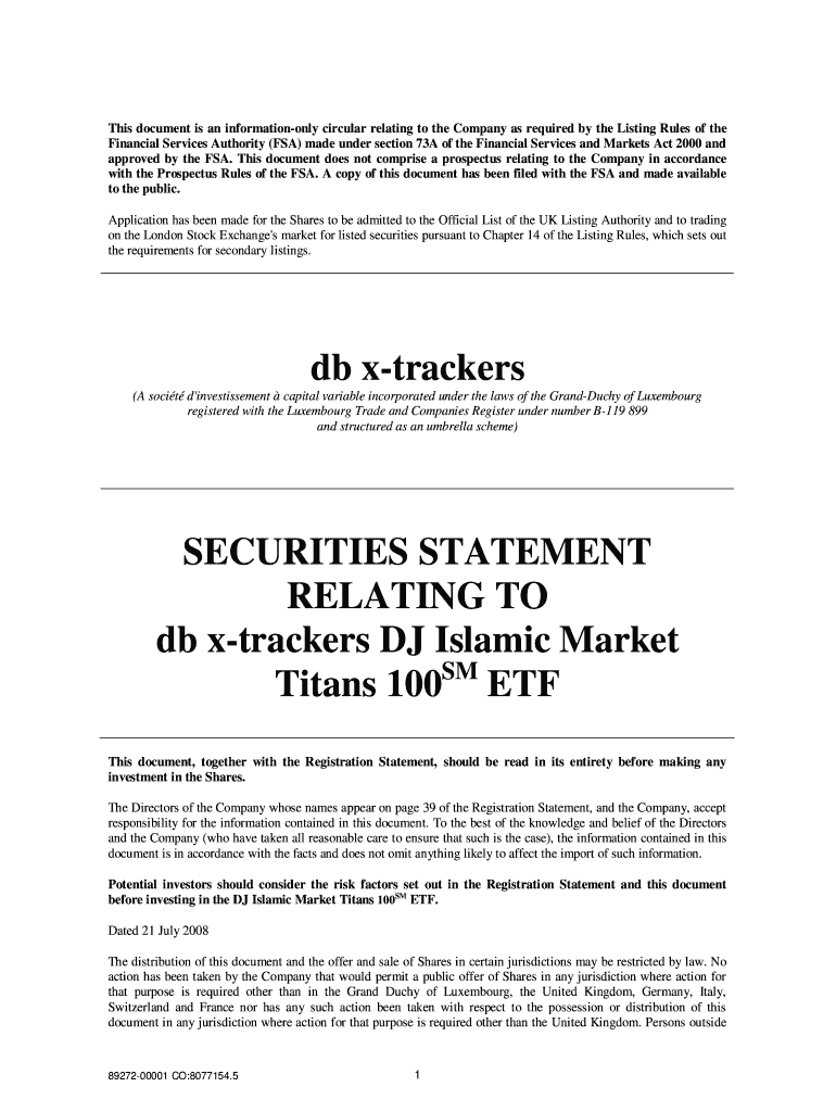 Get and Sign SECURITIES STATEMENT RELATING to Db X Trackers DJ Islamic  Form