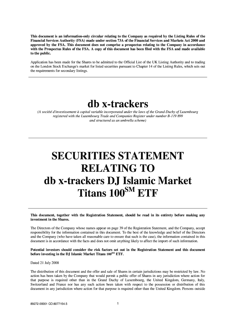 SECURITIES STATEMENT RELATING to Db X Trackers DJ Islamic  Form