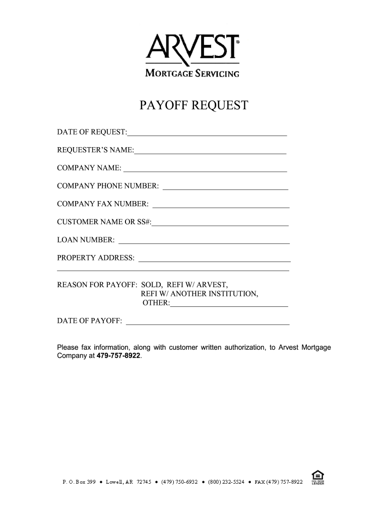 Arvest Payoff Department  Form