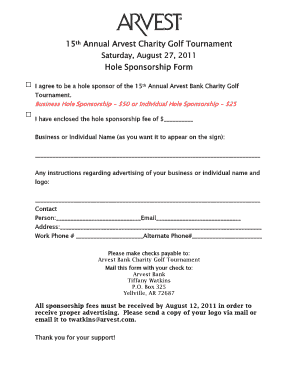  Golf Tournament Hole Sponsor Form Fillable 2011