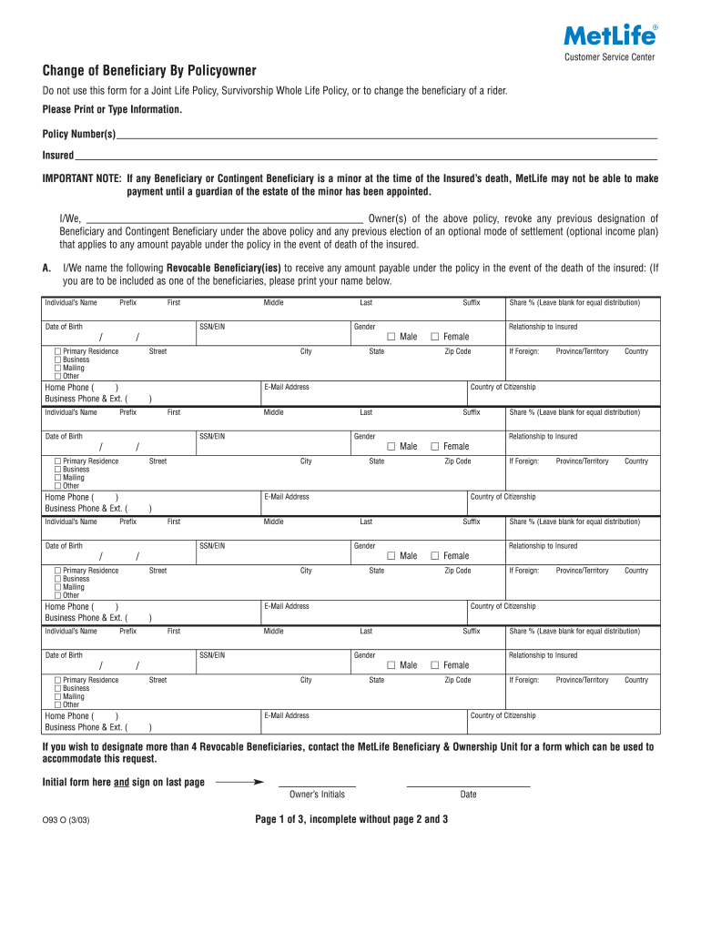 Metlife Change of Beneficiary by Policy Owner Form Mail to