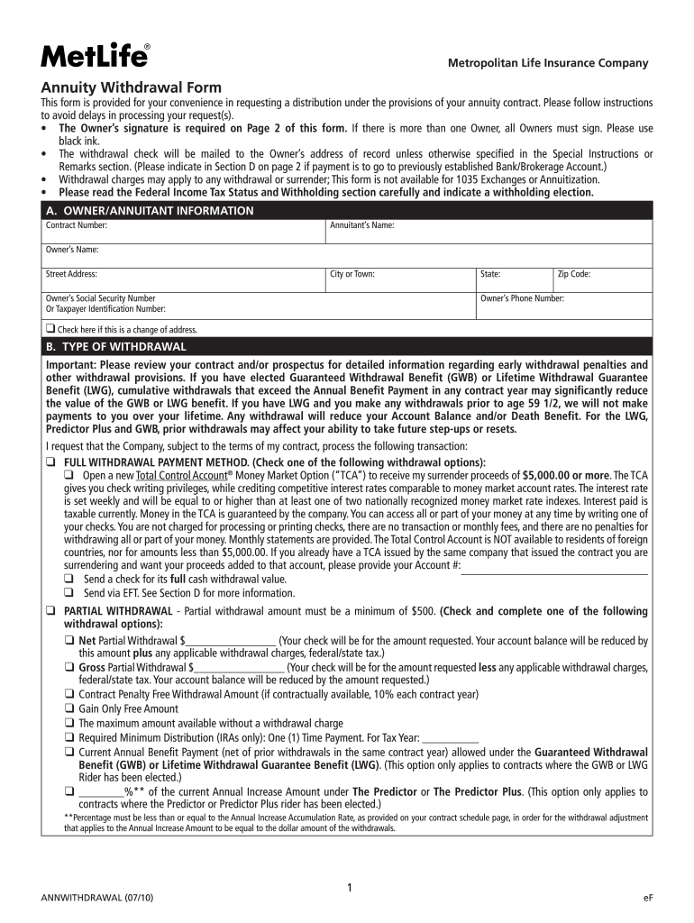  Met Life Annuity Forms 2010