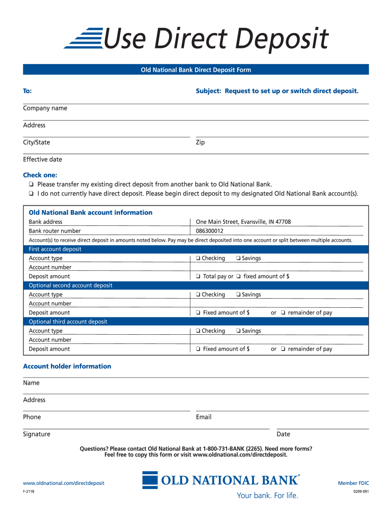 Old National Bank Direct Deposit Form