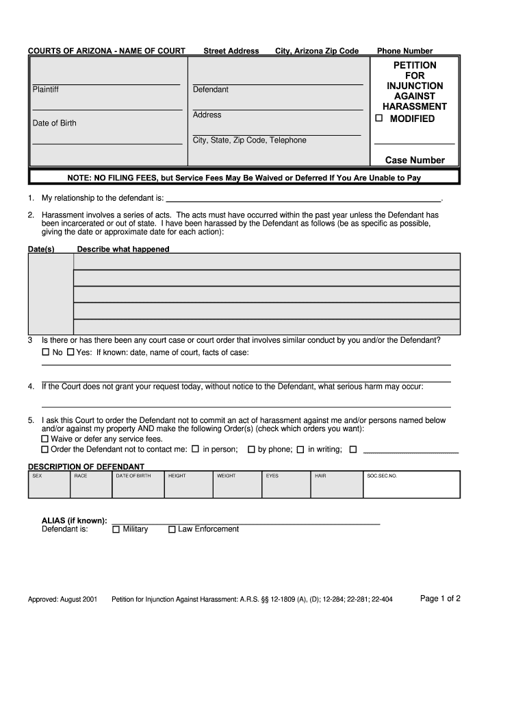 How to Get a Petition for Harassment Started in Phoenix Az  Form