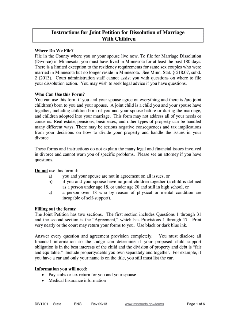 Instructions for Joint Petition for Dissolution of Marriage Without Children in Mn Form