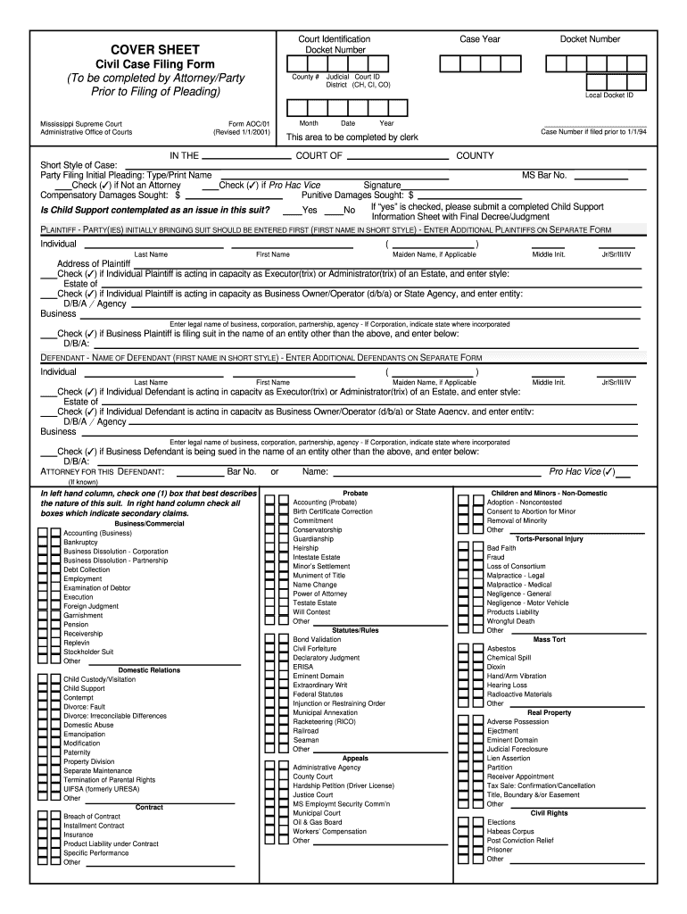 Get and Sign Civil Cover Sheet Mississippi Form 2001-2022