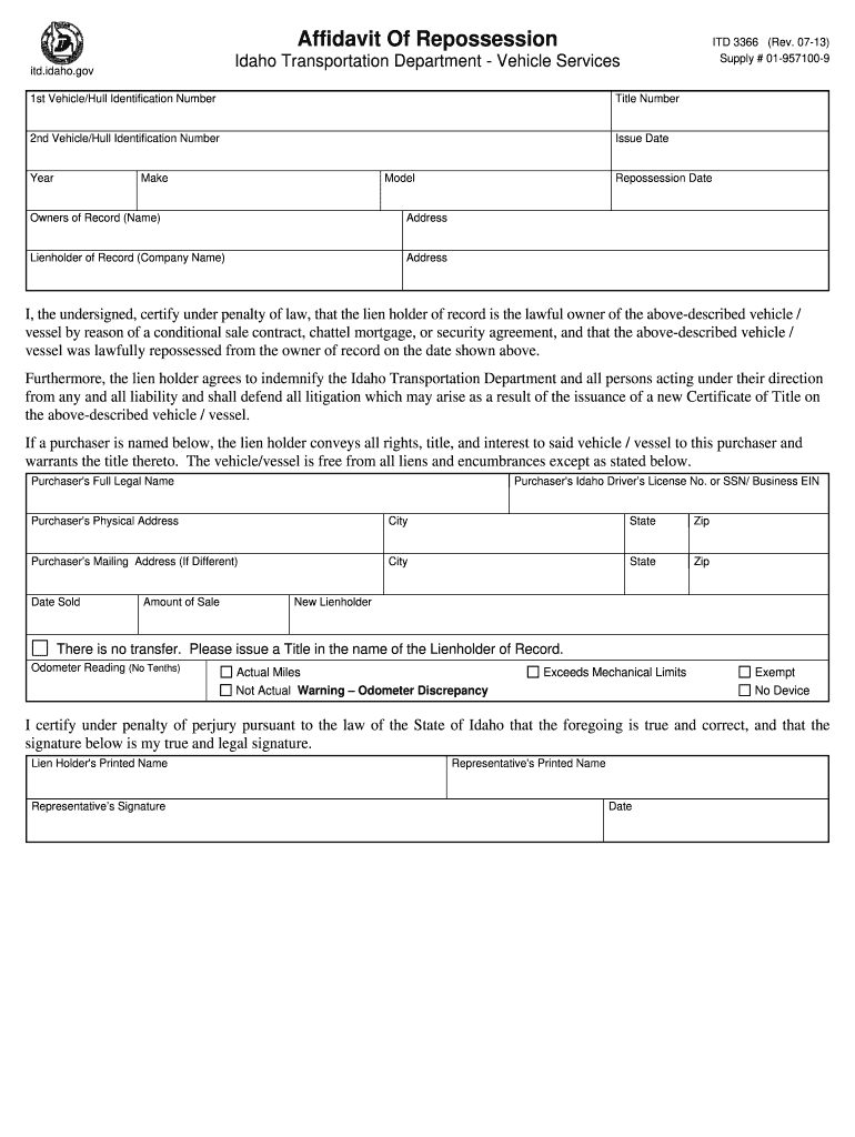 Idaho Affidavit of Repossession  Form