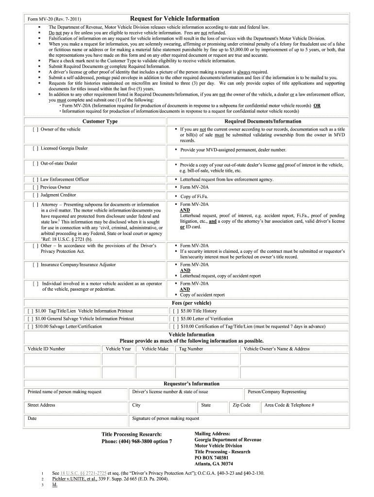  Fax Number for Ga Mv20 Form 2011