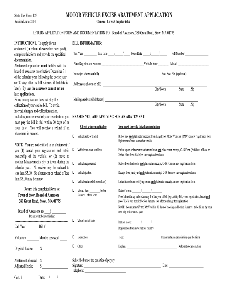 Motor Vehicle Abatement Application  Stow , Massachusetts  Stow Ma  Form