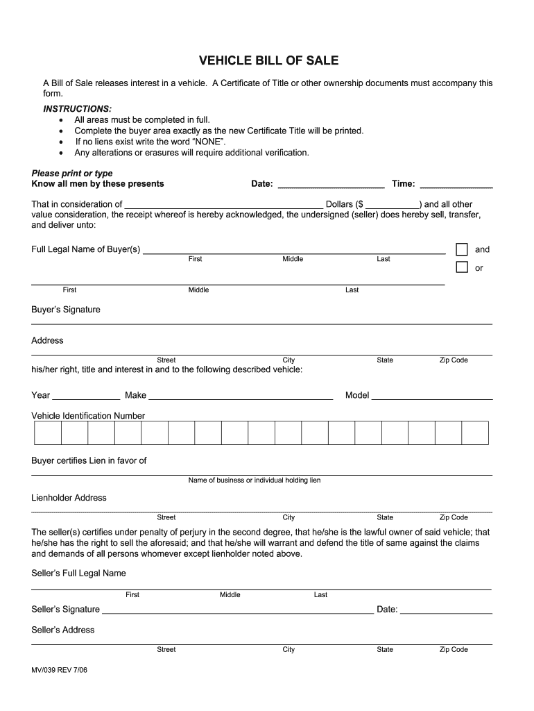  Vehicle Bill of Sale 2006-2024