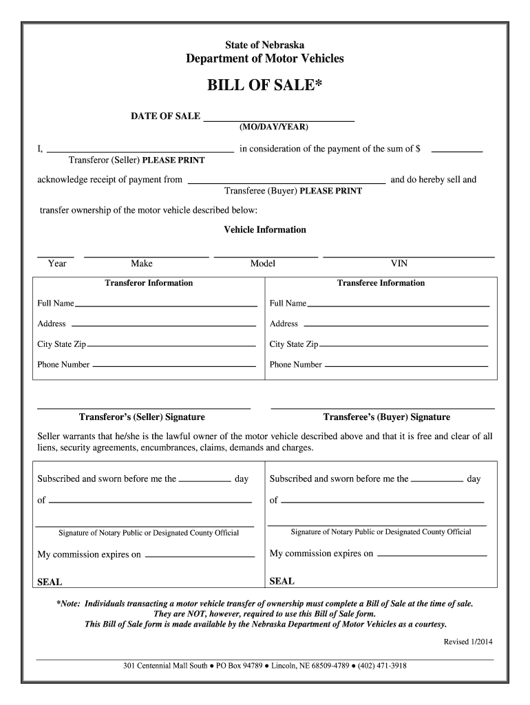 Nebraska Bill of Sale  Form