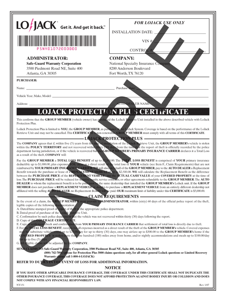  Lojack Certificate 2007-2024