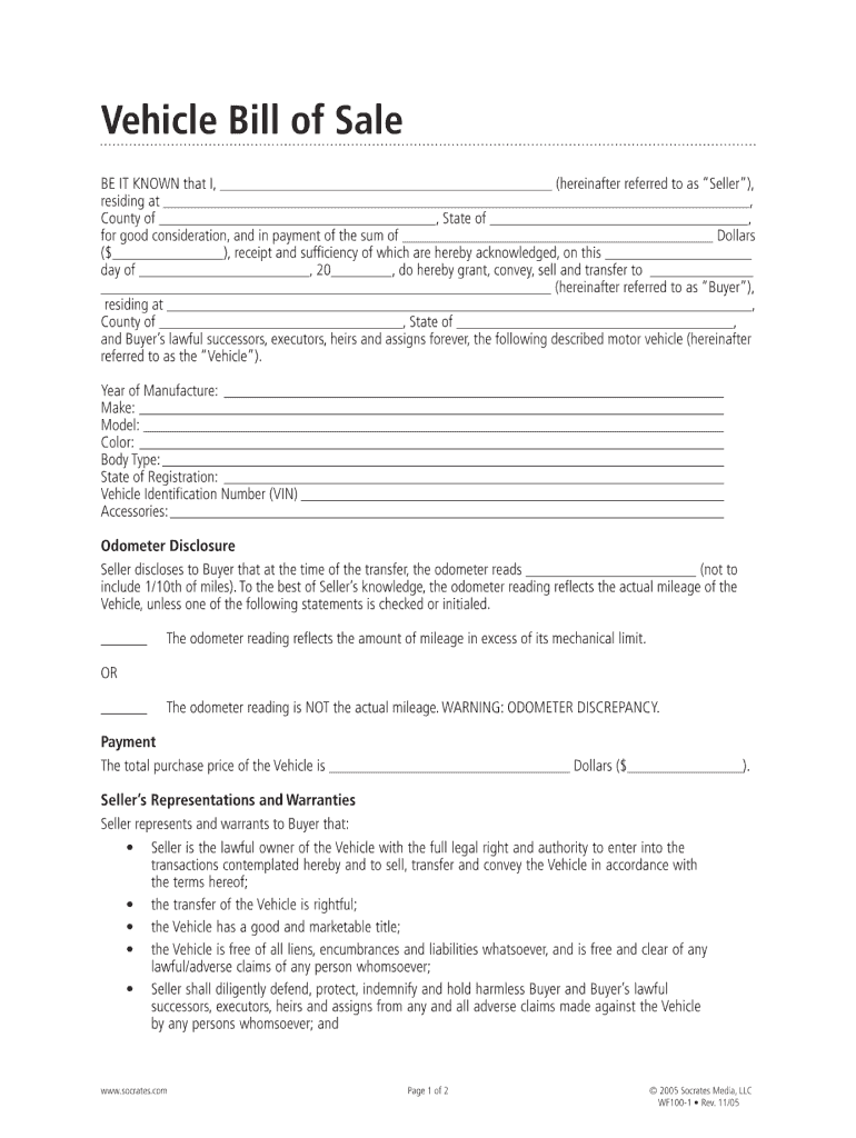 Get and Sign Printable Vehicle Bill of Sale PDF 2005-2022 Form