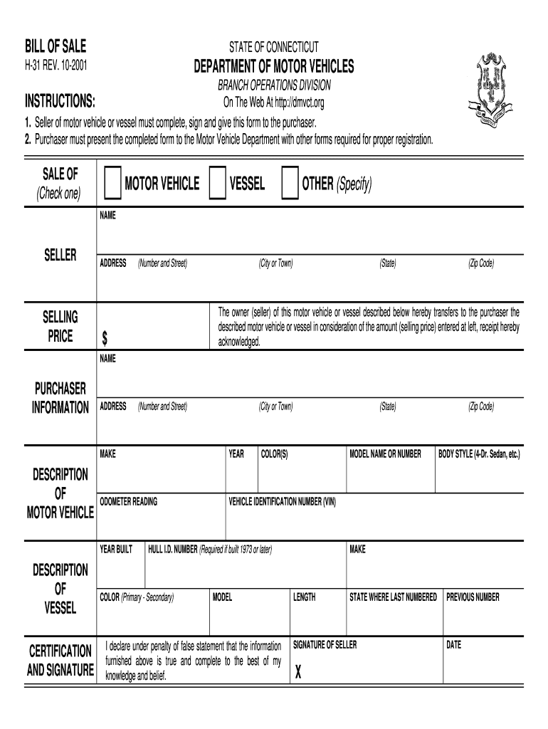  Ct Dmv Bill of Sale 2001