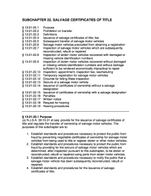 SUBCHAPTER 22 SALVAGE CERTIFICATES State of New Jersey State Nj  Form